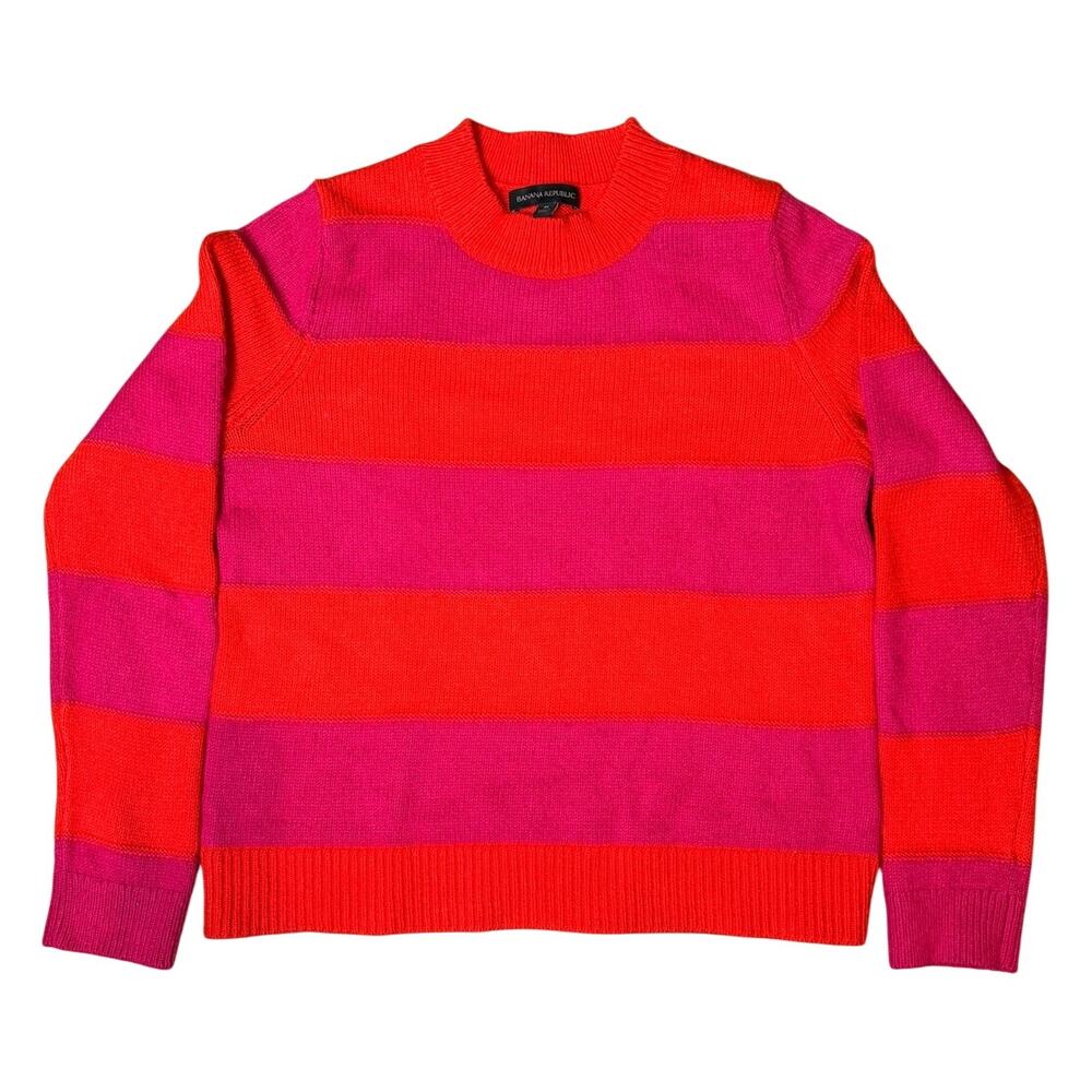 Banana Republic M Red Pink Striped Crew Neck Cotton Blend Sweater Women